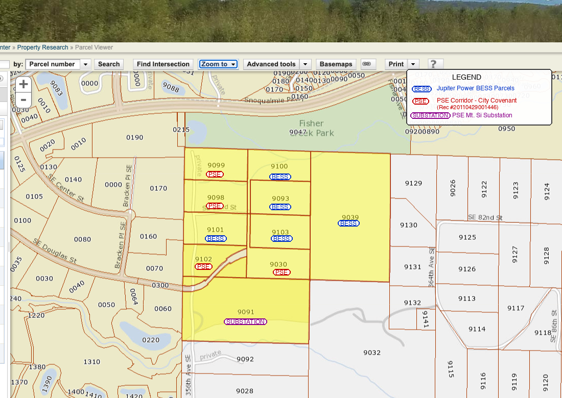 Annotated parcel map showing BESS parcels, PSE corridor, and Mt. Si substation